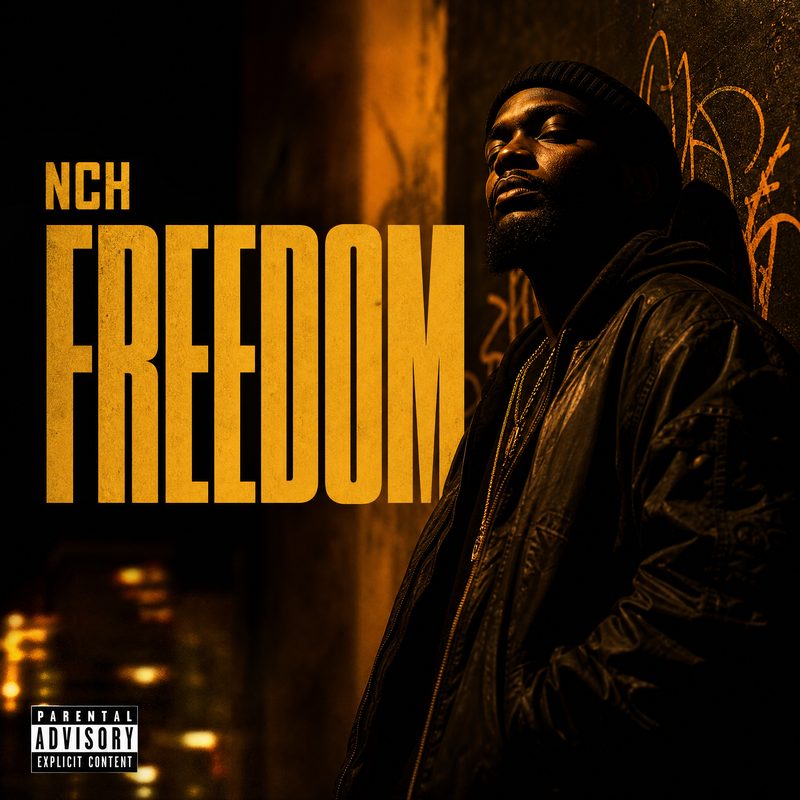 AI-generated album cover — NCH, Freedom: a man against a graffitied wall under warm city light